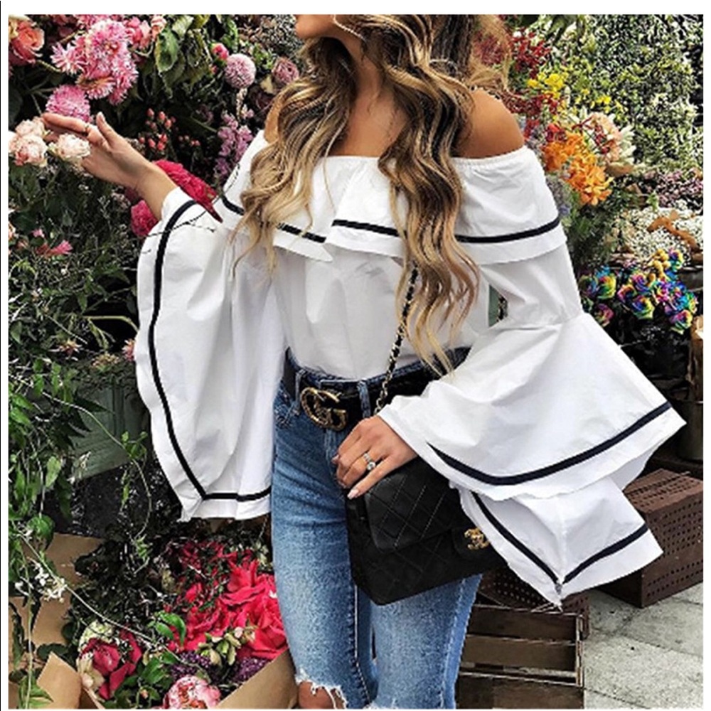 Women off shoulder sleeve ruffled top blouse - Picture 7 of 8